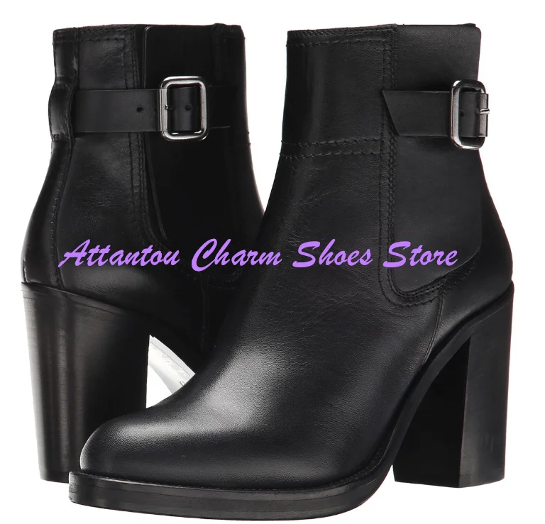 Black Leather Chunky Heel Lady Ankle Boots Fashion Round Toe Mid Heel Woman Short Boots Large Size Banquet Dress Party Shoes