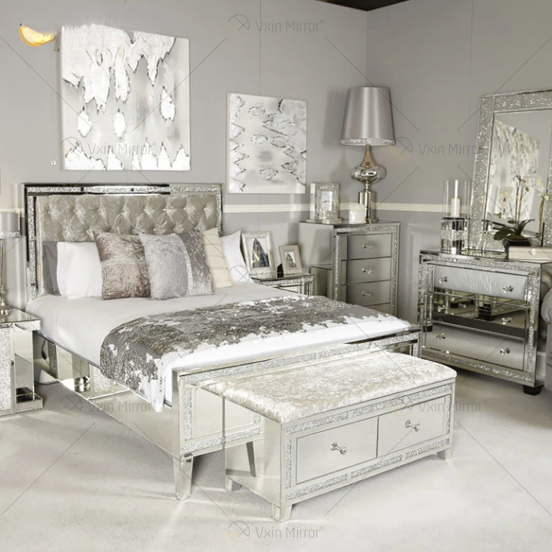 Factory direct sales mirror facing king size bed, bedroom furniture, glass veneer, diamond trim bed