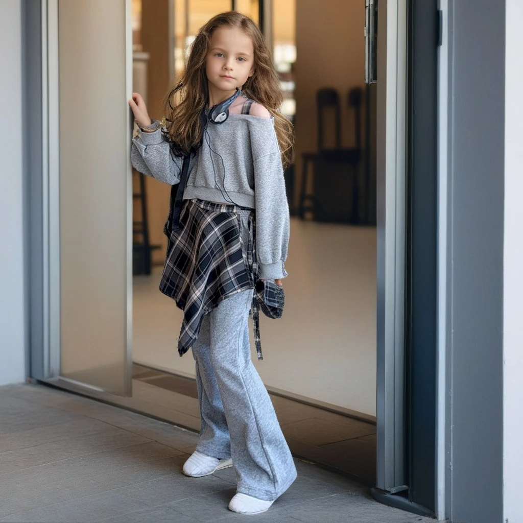 

Girls Autumn Set Grey Sweatshirt Plaid Patchwork Flare Pants Sportswear Casual 2pc Outfit Kids Clothes School Children Costume