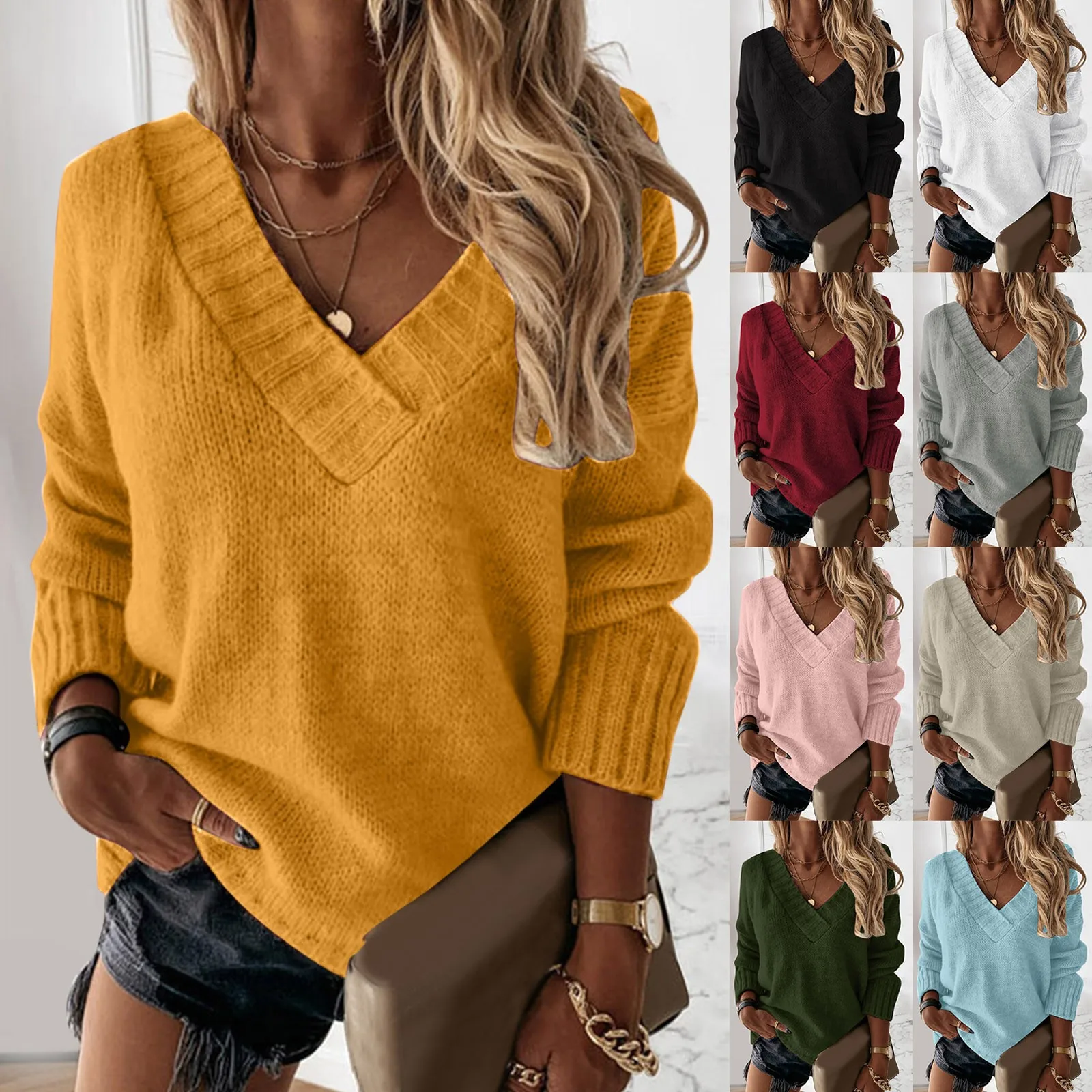 2024 Vintage Loose V Neck Women Sweater Long Sleeve Oversize Knitted Pullover Autumn Winter Elegant Harajuku Jumper Knitwear Top