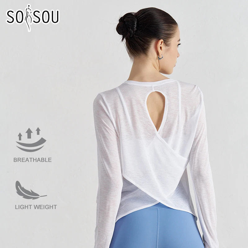 

SOISOU Running Shirt Polyester Coverall Long Sleeve Quick Dry Tear Drop Back Loose Fitness Apparel Breathable Yoga Tops Women
