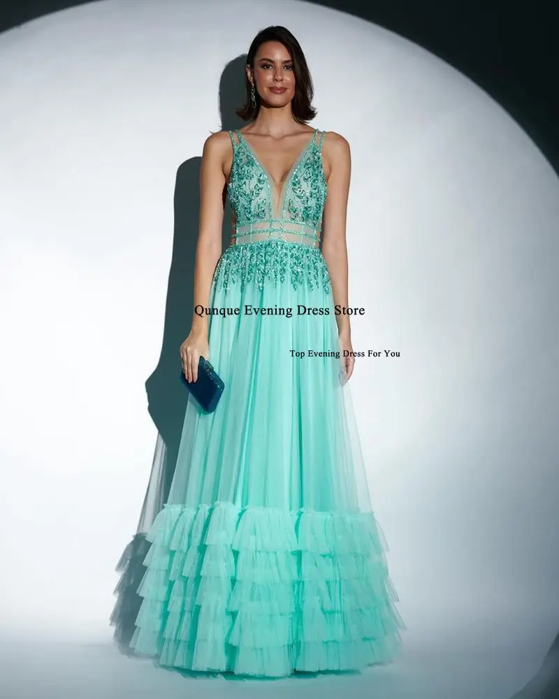 Qunque Sexy Deep V-neck Prom Dresses Tiered Floor-Length Elegant Formal Party Evening Gown Customized Lace Beaded فساتين السهرة