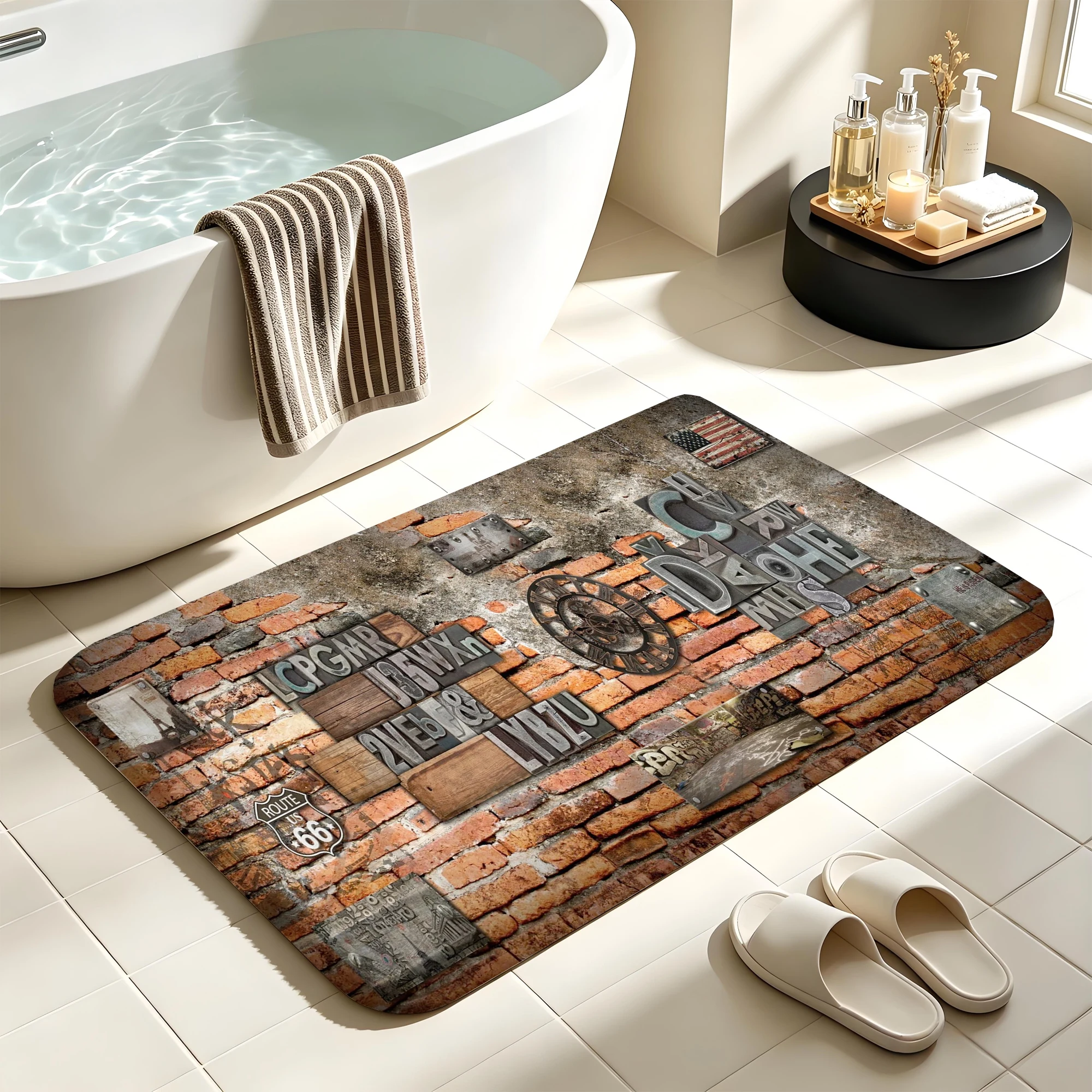 Bath Mat Retro Letter Metal Sign Brick Wall Print Bathroom Rug Absorbent Floor Mat For Shower Room Home Decoration