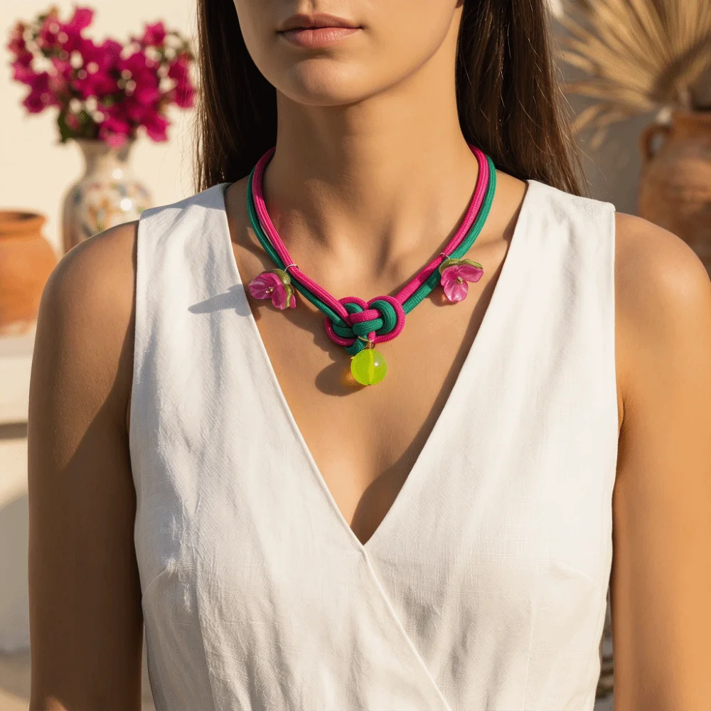 Exaggerated Bow Pearl Knotted Design Necklace Leaves Starfish Scallops Trendy Drawstring Pendant Colorful Chunky