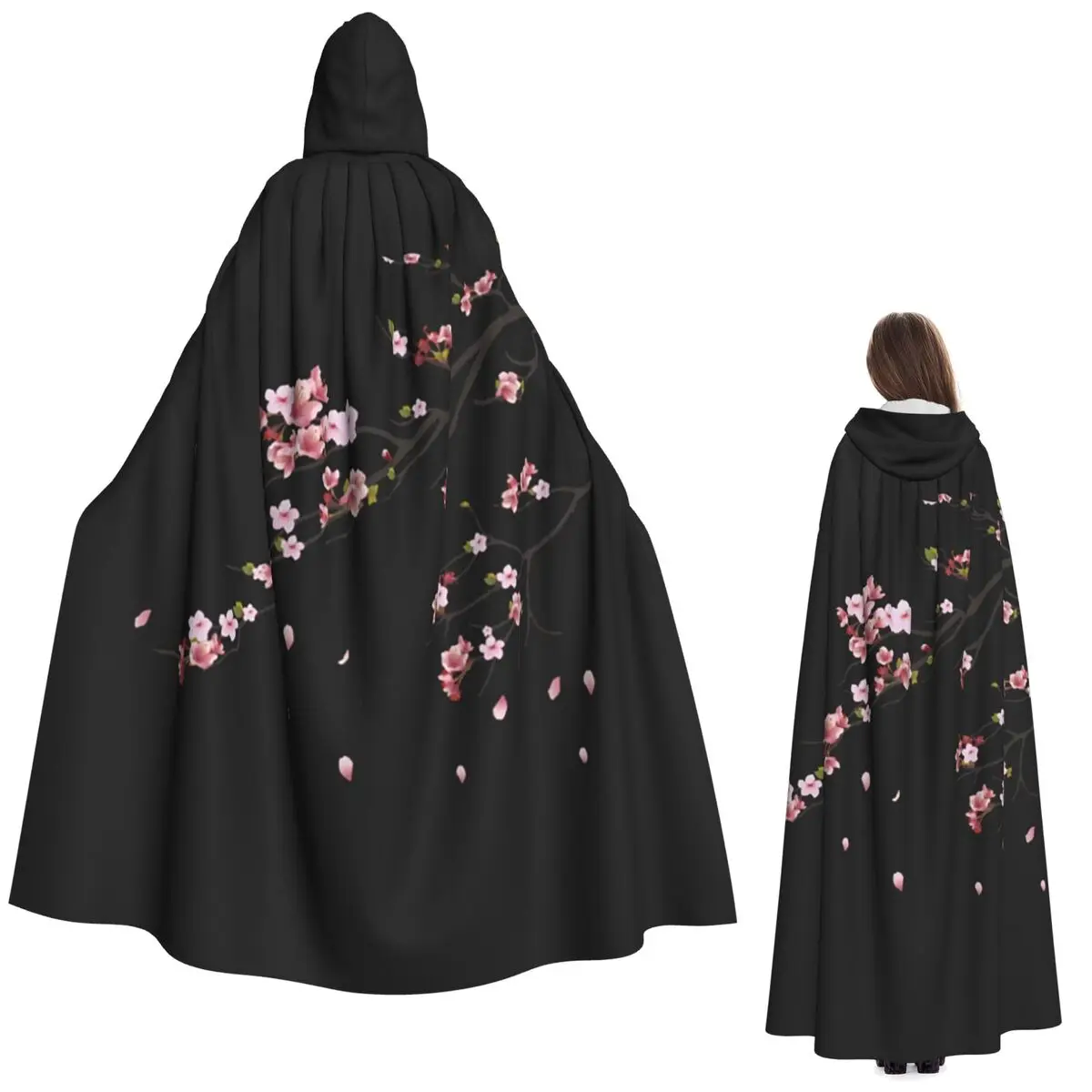 

Japanese Cherry Blossom Pattern Long Hooded Cloak Witch Medieval Costume Cosplay Cape HalloweenParty Adult Unisex