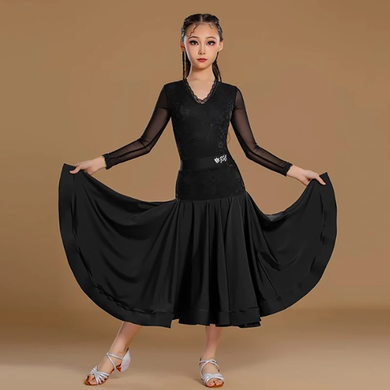 

Kids Girls Waltz Tango Ballroom Dance Professional Dresses Lace Mesh Bodysuit and Large Fishbone Skirts Modern Dancing Costumes