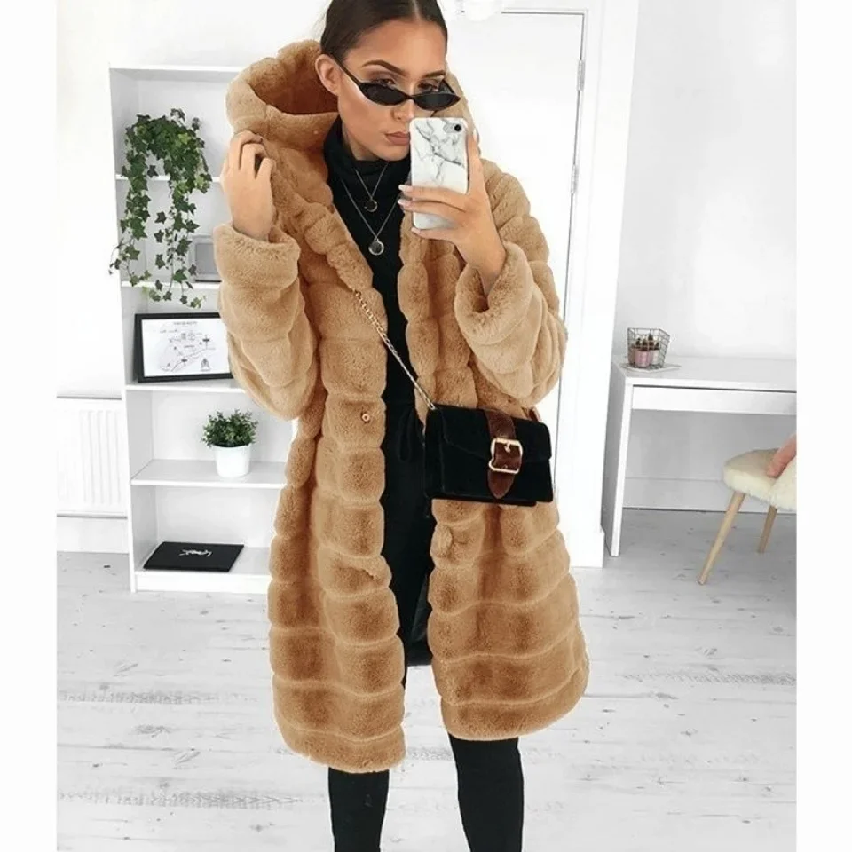 2023 Cross border Loose Fall Winter New Versatile Fur Thickened Hooded Women's Imitation Mink Fur Coat