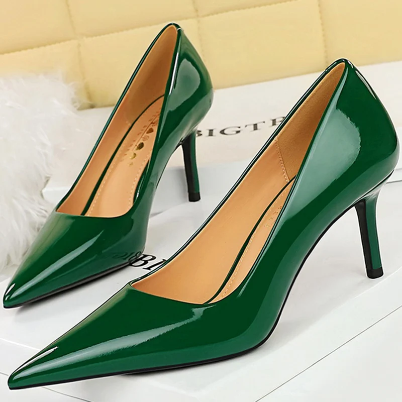 BIGTREE Fashion Women Simplicity Glossy Patent Leather 7cm Thin High Heels Pumps Shallow Pointed Toe Lady Shoes Red Nude Green