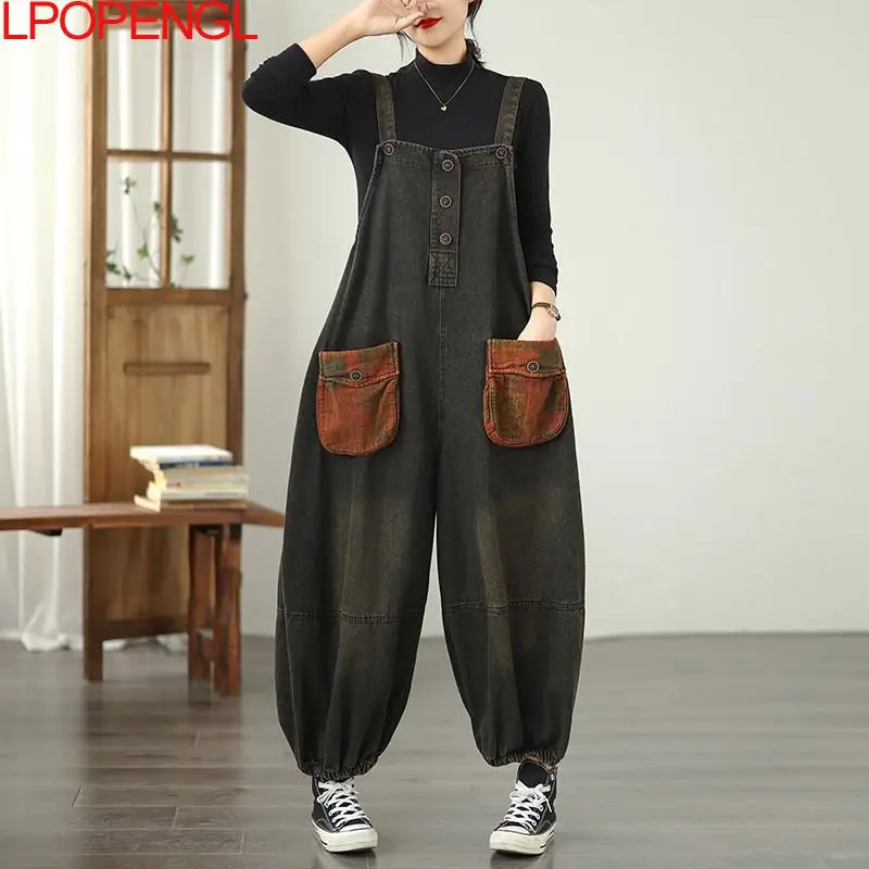 Retro Contrasting Double Pocket Washed Denim Overalls 2026 Women's Suspenders Loose Casual Streetwear Lantern One-piece Pants