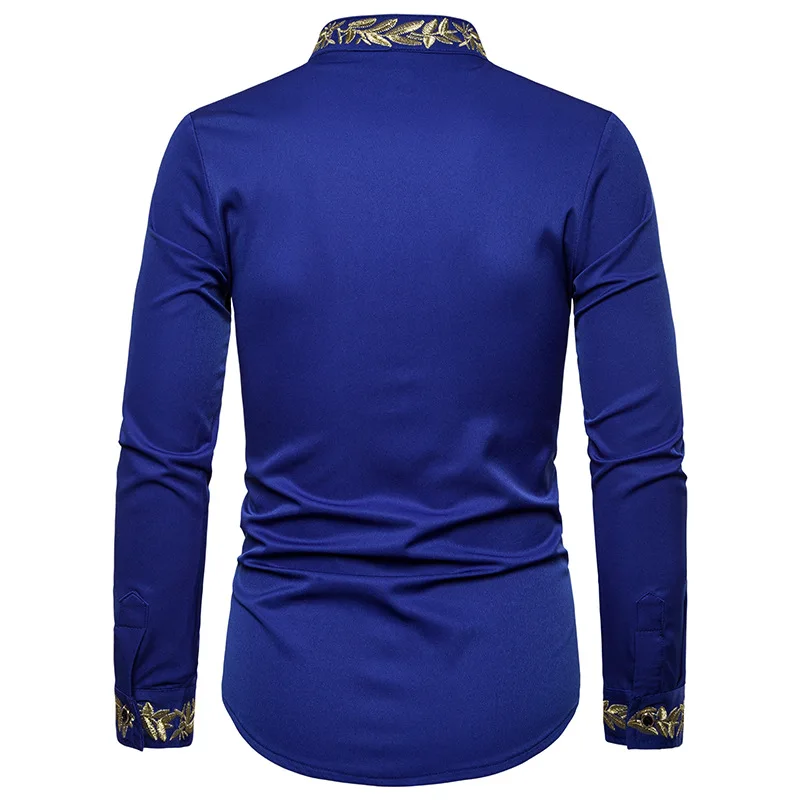 Men\'s Royal Blue Gold Embroidery Dress Shirts Brand Mandarin Collar Slim Fit Long Sleeve Shirt Men Party Wedding Dinner Chemise