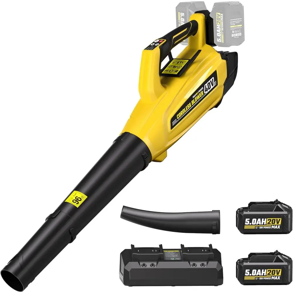 

Беспроводная воздуходувка для листьев 40 В с 2 аккумуляторами емкостью 5,0 Ач и зарядным устройством, мощный бесщеточный двигатель 40 В, вентилятор до 680 куб. футов в минуту для ухода за газоном, 4