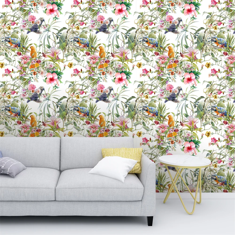 Customized Multi-Color Wallpaper Mural Forest Flower Parrot Design Green Yellow Pink Background Customizable Room Decoration