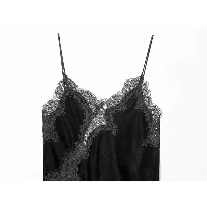 خمر الأسود المخملية الدانتيل المرقعة المرأة فستان مثير أكمام عارية الذراعين الإناث فساتين السهرة الصيف الخريف فساتين الحفلات #5