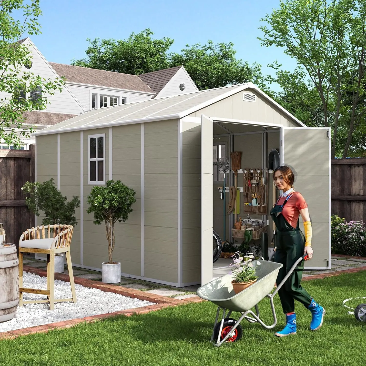 Outdoor Storage Shed 7.5x10.7 FT Plastic Garden Shed for Bike Garbage Can Tool Outside Sheds & Outdoor Resin Shed