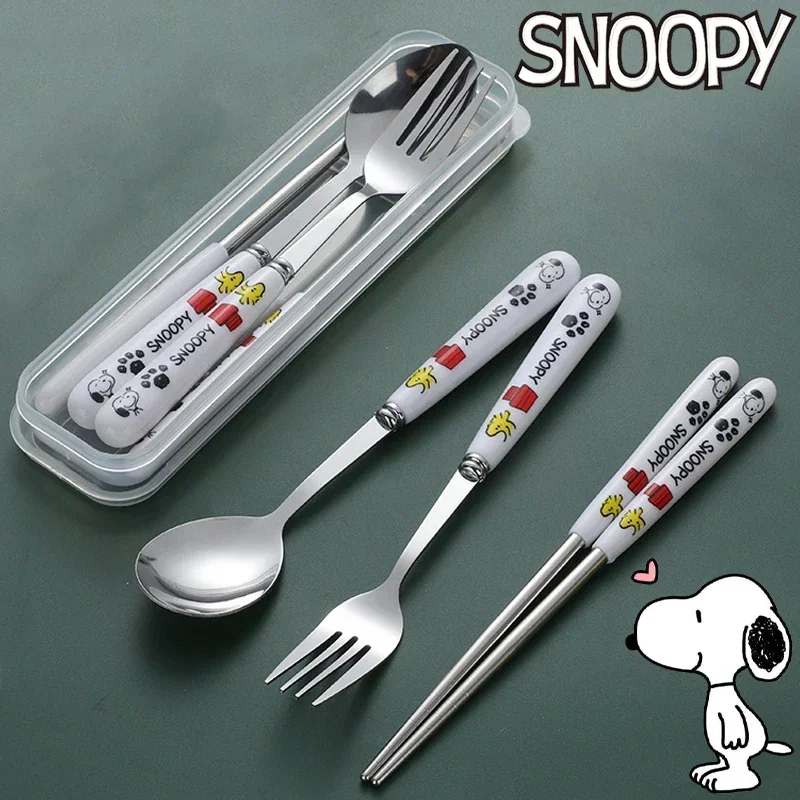 Kawaii Snoopy Baby Tableware Children\'s Toddler Kids Meal Stainless Steel Spoon Fork Chopsticks Student Portable Tableware Gifts