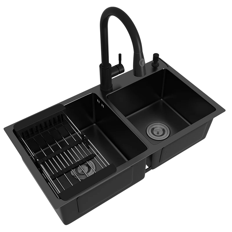 

Black nano-thick 304 stainless steel kitchen manual sink double sink under counter basin sink sink