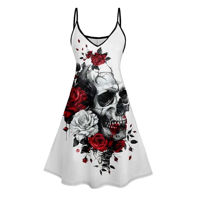 DRESSFO Women's Dress Rose Skull Print V Neck High Waist Spaghetti Strap Dress Sleeveless Summer A Line Cami Dress