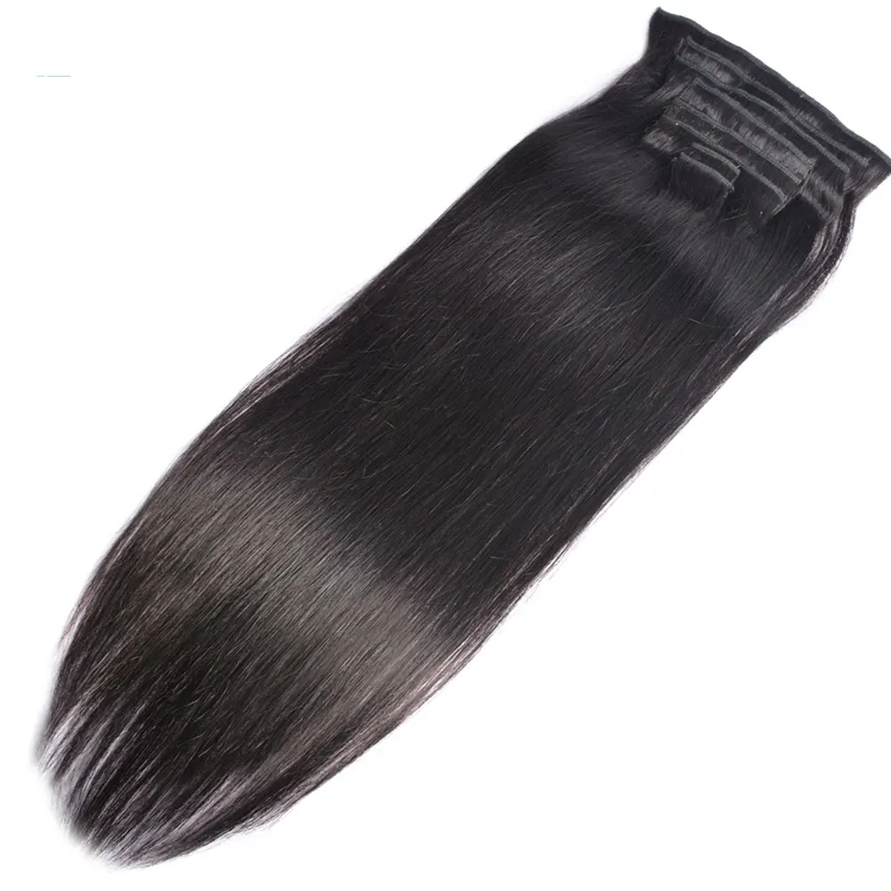 Megeen-滑らかなヘアエクステンション,天然の人間の髪の毛,黒,120g,フルヘッド,シームレス,1bにクリップ,8個