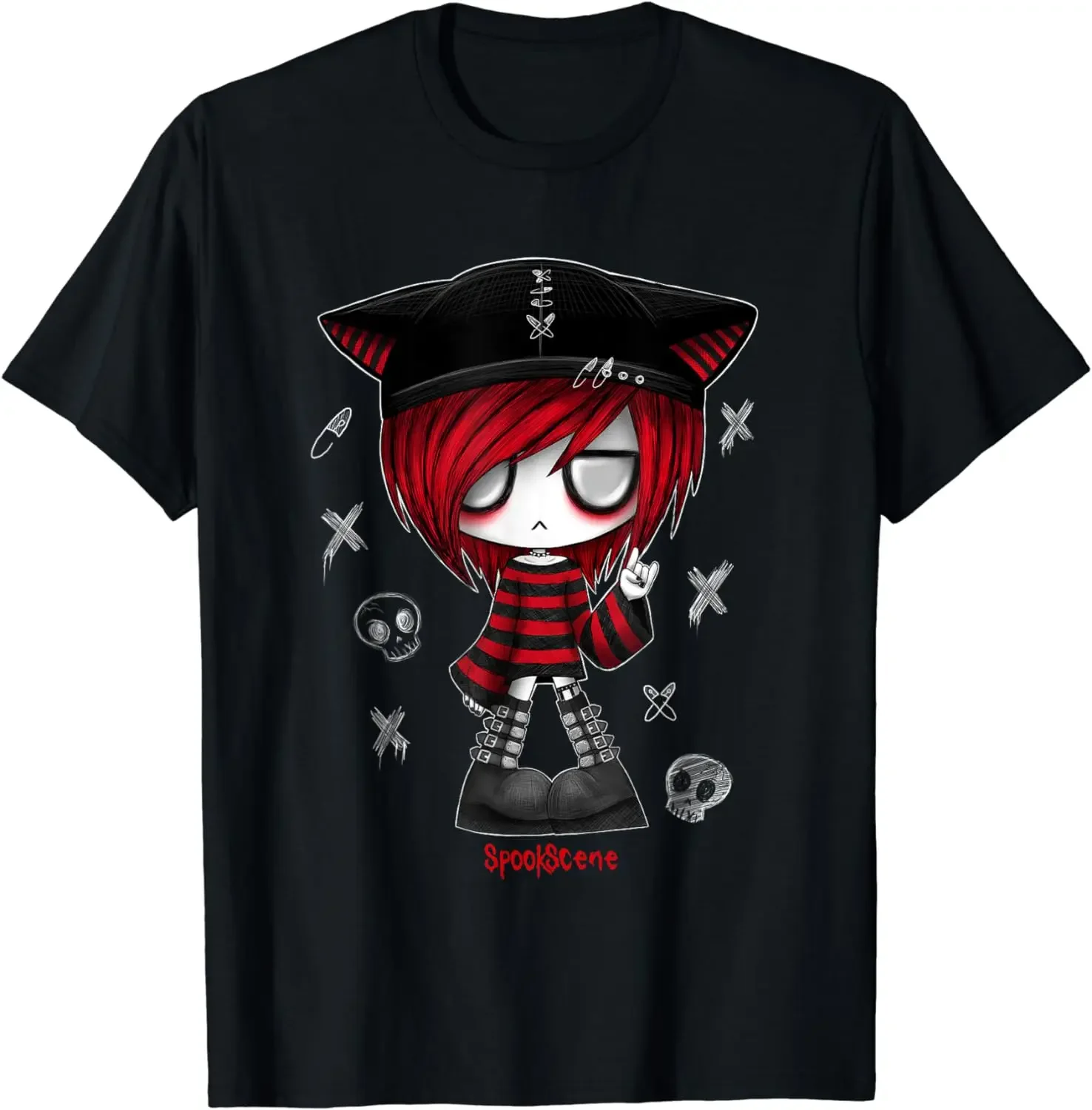 Spookscene Edgy Kitty Hat Scene Kid Emo Alt Goth Red T-Shirt oversized t shirt Camisas Streetwear  Men Clothing Graphic T Shirts