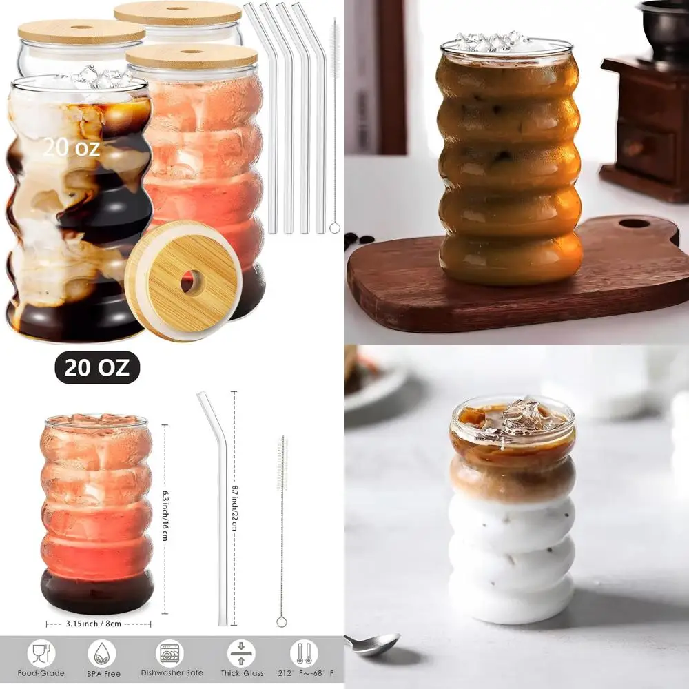 

4 pcs 20oz drinking glasses set with bamboo lids and straws, cute iced coffee glass cups, iced coffee tumblers, thick drinking j