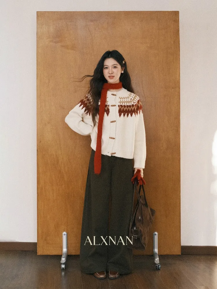 ALXNAN レディース カーディガン 秋冬 2025 ヴィンテージ フェアアイル ツイストニット カーディガン 暖かい カジュアル ルーズフィット 長袖 トップス L59228