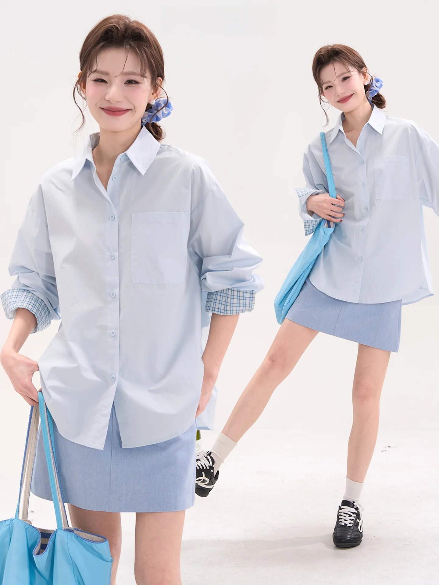 

Blue Patchwork irt Women's Spring Commute Sle Loose Fit Cotton Plaid Sve Cuffs Ele Top Floral Window Heme