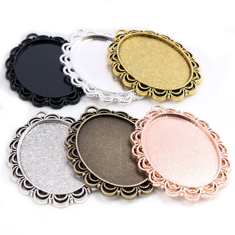 5pcs 30x40mm Inner Size 6 Colors Plated Pierced Flower Style Cabochon Base Setting Charms Pendant