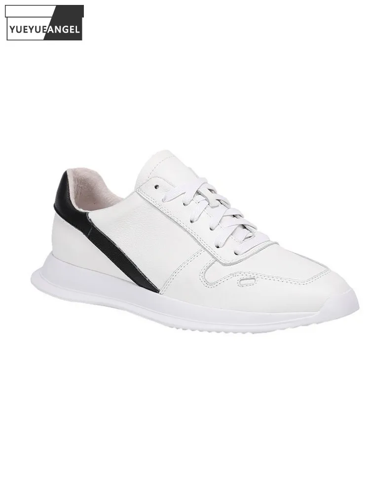 

Mens Casual Sneakers Genuine Leather White Shoes Lace Up Round Toe Mixed Colors Fashion Platform Shoes Male Breathable Trainers