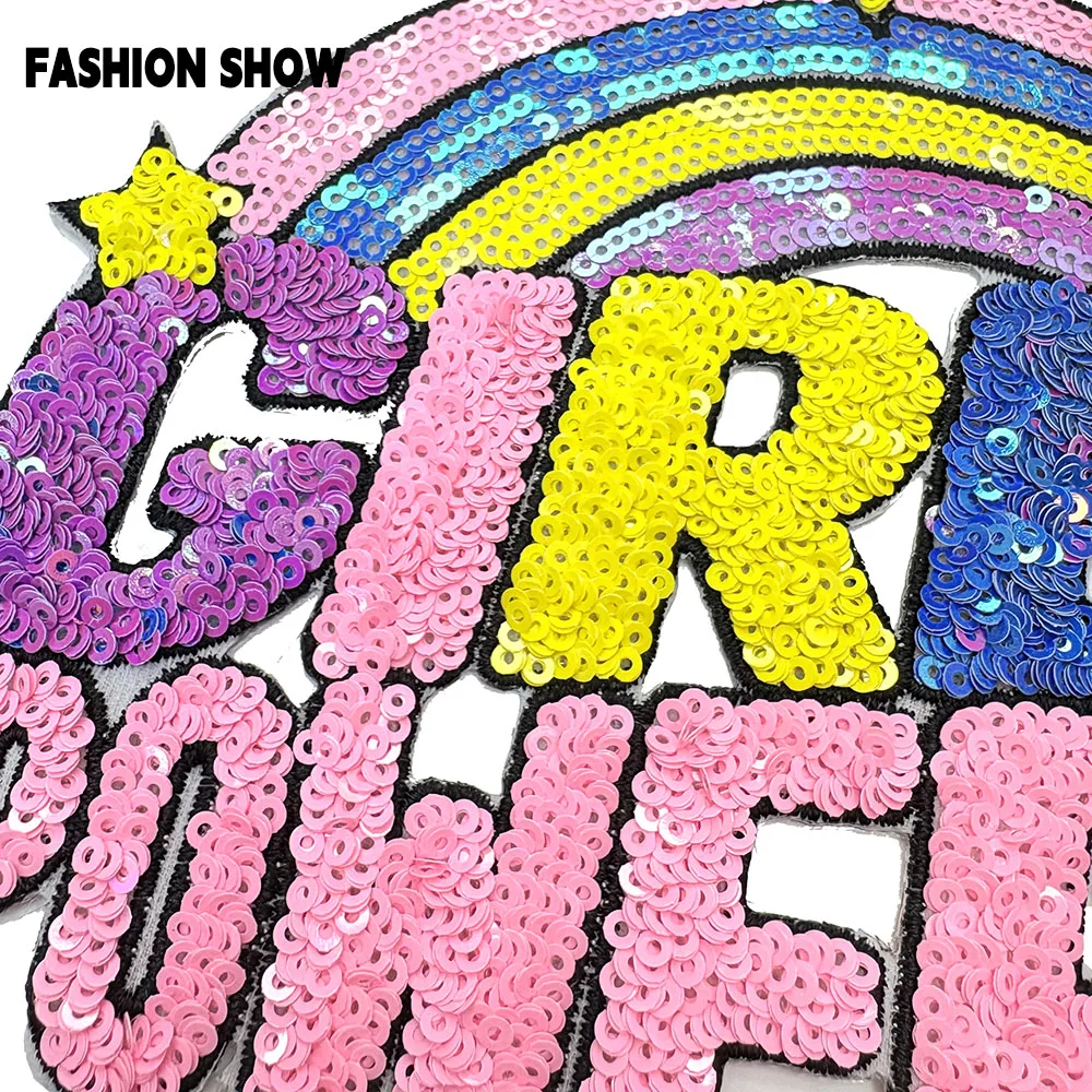 Shiny Rainbow Girl Power Sequin Embroider Patch, Ironable and Sewable, Female Power Letter Patch, Sweatshirt, T-Shirt, Sweater, Hat, DIY Decorative Accessories, Personalized Statement