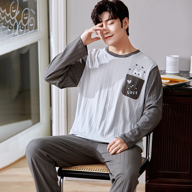 

Autumn Men Cotton Pajamas Set Fashion Casual Sleepwear Suit Home Clothes Loose Home Wear Plus Size 3XL Pijamas Dropship