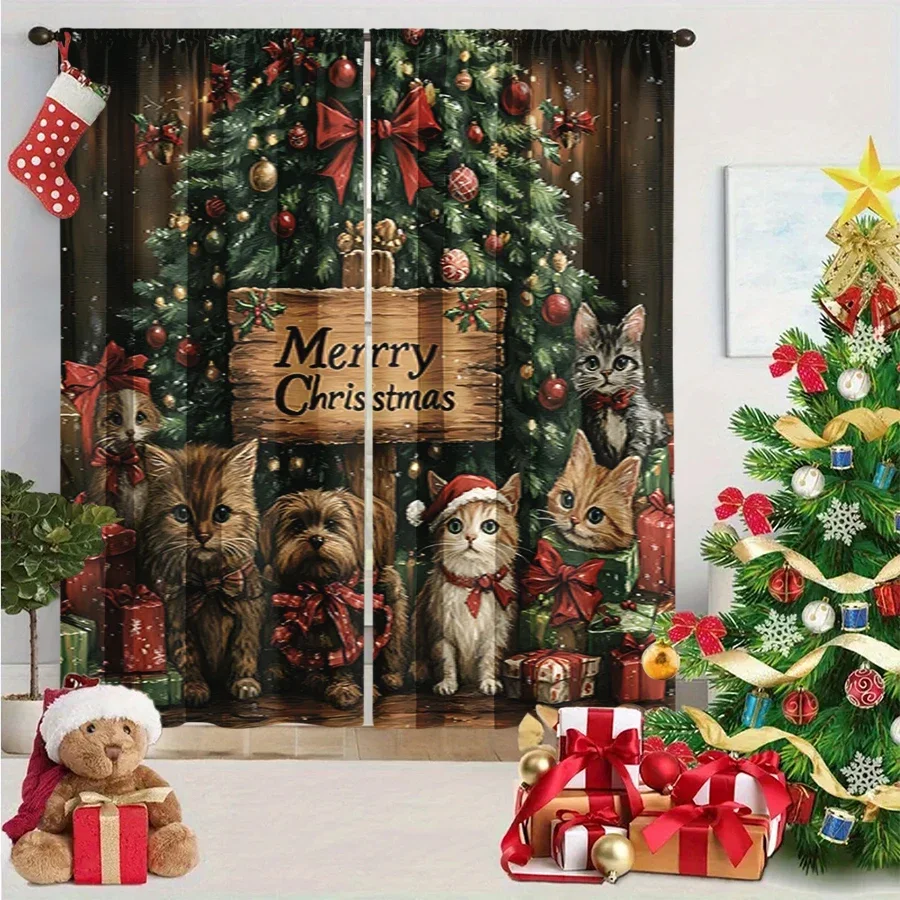 2PCS Digital Print Curtain, Christmas Tree with Cats and Dogs, Merry Christmas Wood Sign, Gifts and Bows, Cute, for Window Decor