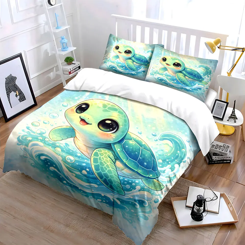 Adorable turtle playing in waves Print Soft Comfortable Duvet Cover Bedding Set Included 1*Duvet Cover 2*Pillowcases
