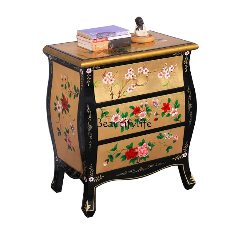 

FG40Bedside Table Chinese Painted Bedroom Storage Three Bucket Solid Wood Sofa Side Cabinet