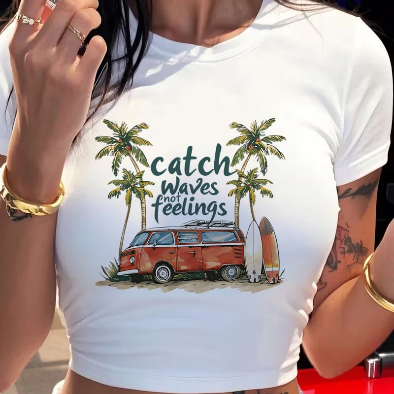Retro Car and Coconut Tree Crop Tops with Slagon Catch Waves Not Feelings Print Women's Short Sleeve Cropped T Shirt Girl