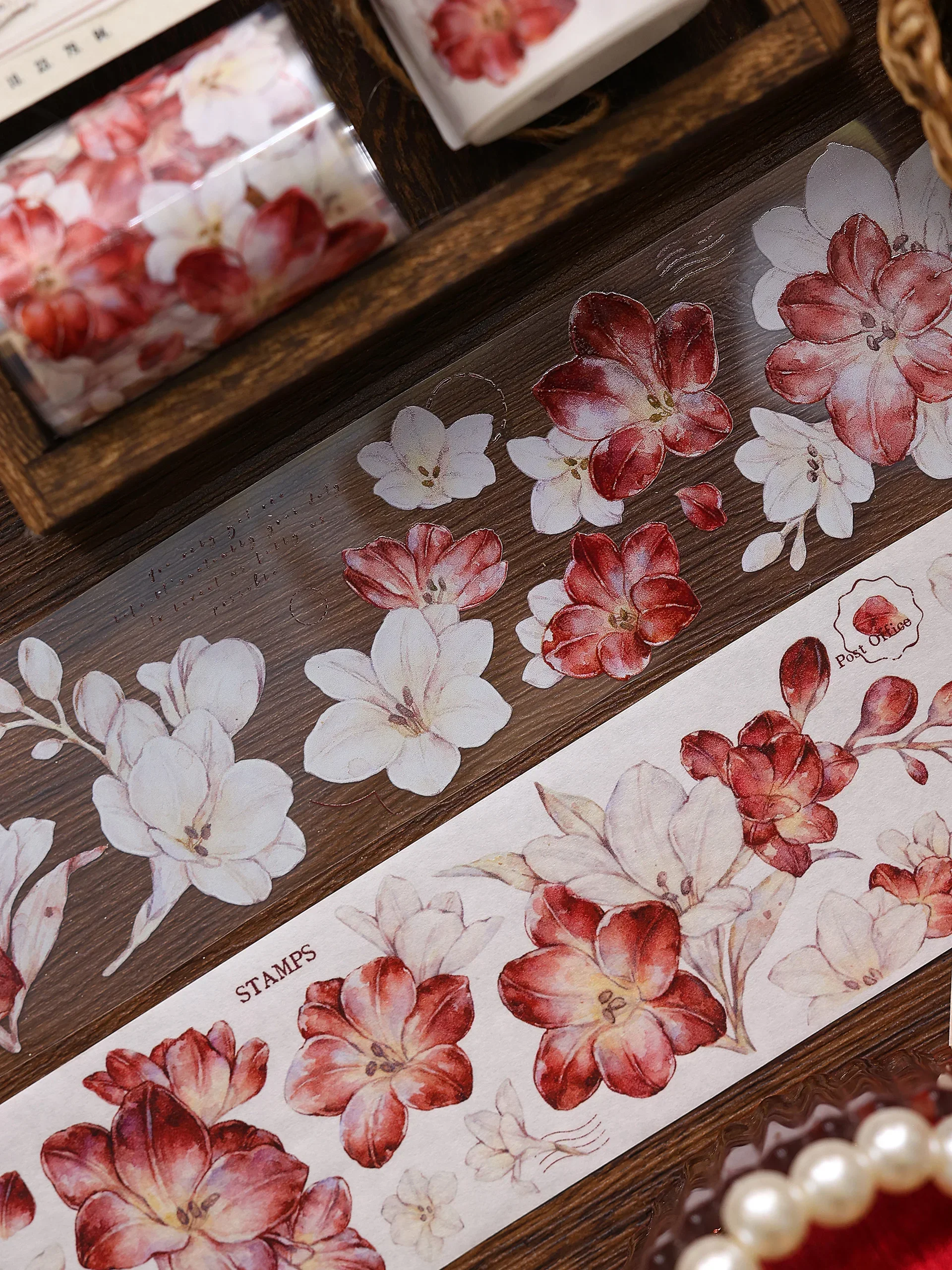 

crimson Light Retro Red White Green Orchid Stickers Washi PET Book Collage Tape