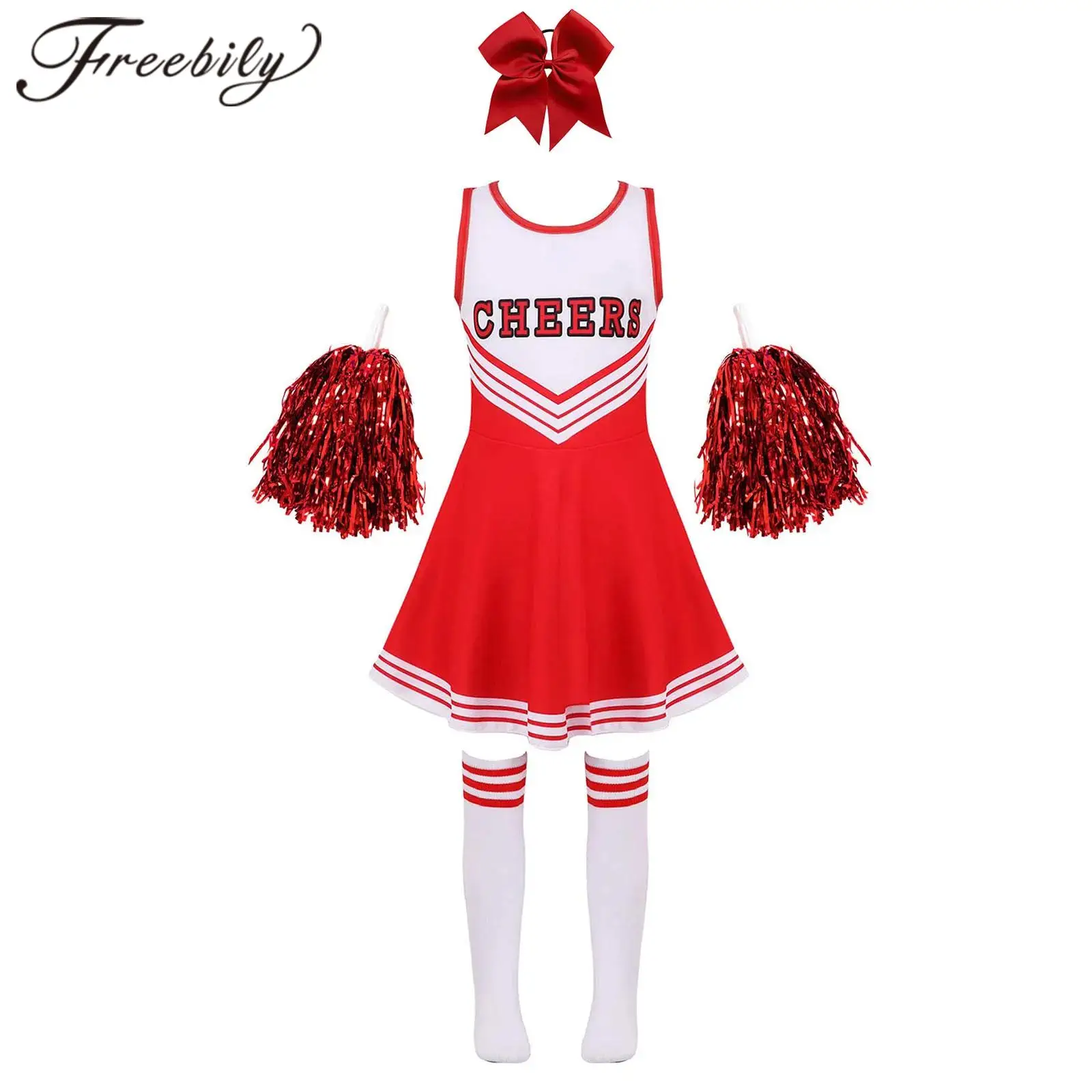 Kids Girls Cheerleading Uniform Dress Dancewear Outfit for Children Sport Cheerleader Costume with Hand Flowers Socks Headwear
