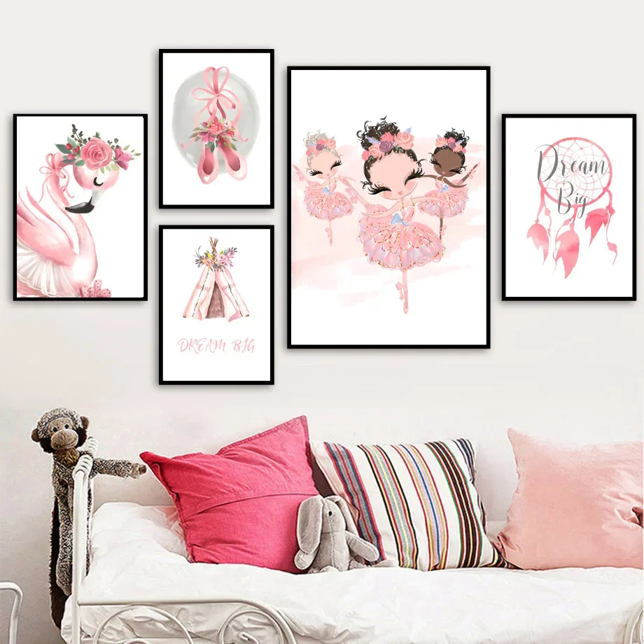 Ballet Girl Flamingo Flower Crown Tent Nursery Wall Art Canvas Painting Nordic Posters And Prints Wall Pictures Kids Room Decor