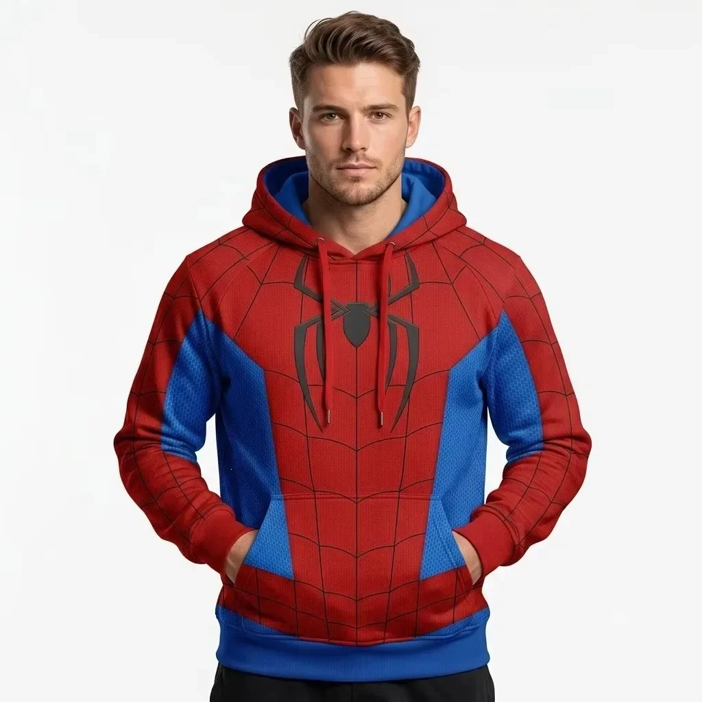 Kapuzenjacke mit Spinnenmuster, Cosplay, rot-blauer Colorblock-Hoodie, lässiger Y2K-Streetwear-Langarm-Sweatshirt-Oberteil, passend für die ganze Familie – Detail 4