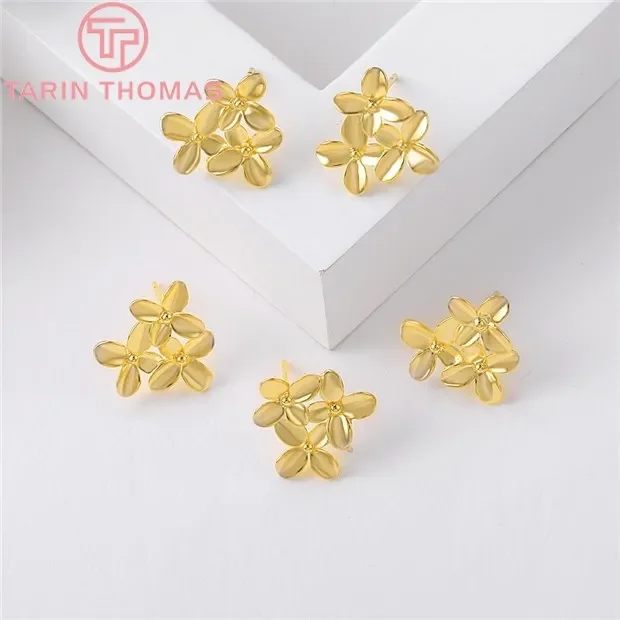 (2566) 6 SZTUK 15x16MM Otwór 1MM Pozłacane 24K Złotem Mosiężne Kolczyki Sztyfty Trzy Kwiatki Wysokiej Jakości Akcesoria do Tworzenia Biżuterii DIY