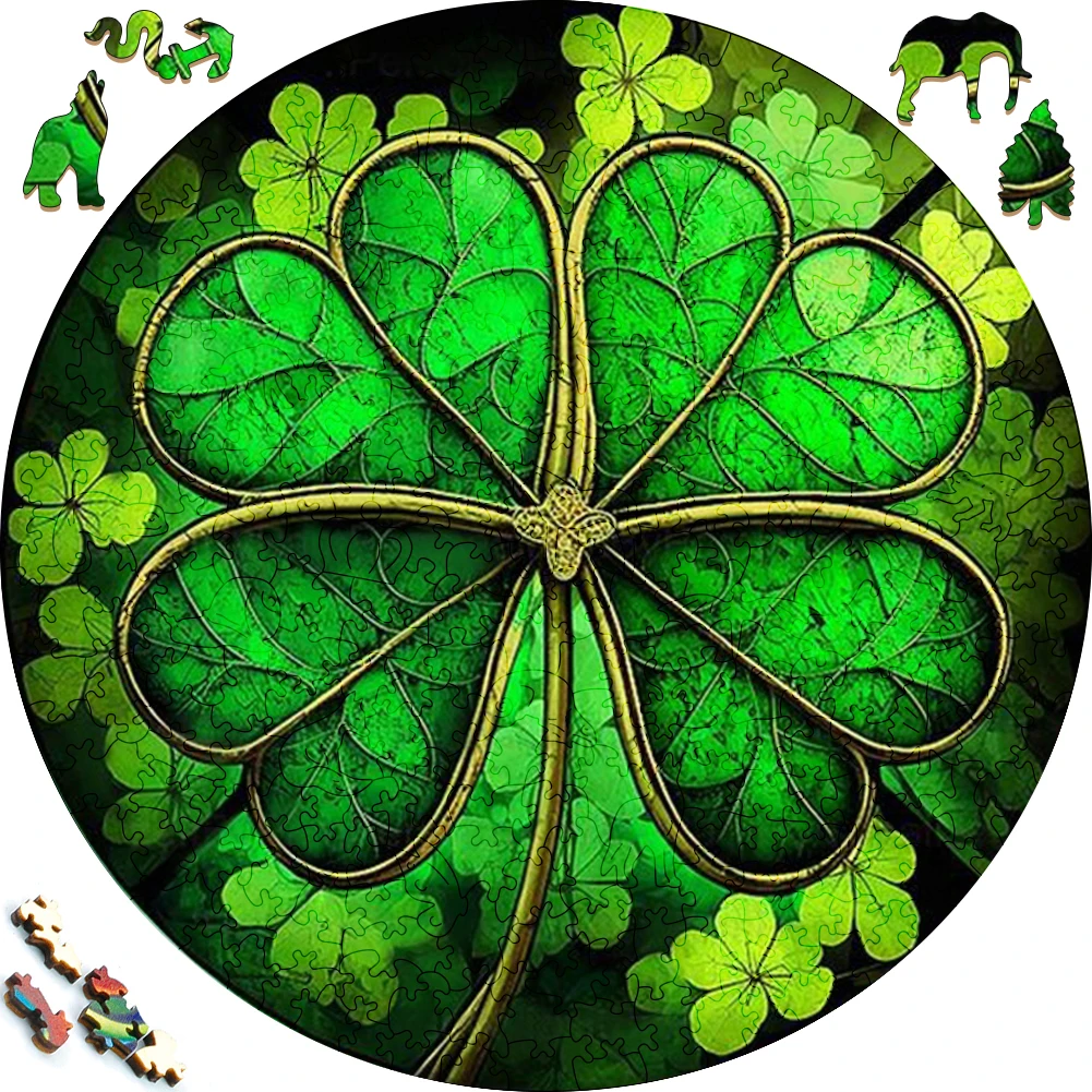 

Mysterious Wooden Puzzle painted Lucky Clover Funny Toy Plant Wood Puzzles Smart Game Round Shaped Jigsaw Puzzle Best Gift