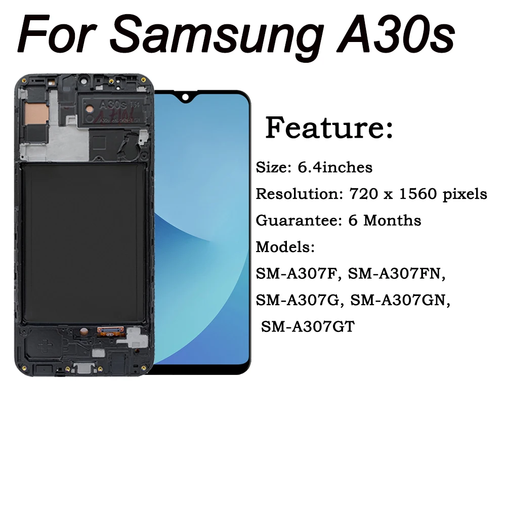 6.4\'\' AMOLED For Samsung Galaxy A30s A307 LCD Display with Frame Touch Screen Digitizer Assembly For Samsung A307F A307FN A307G