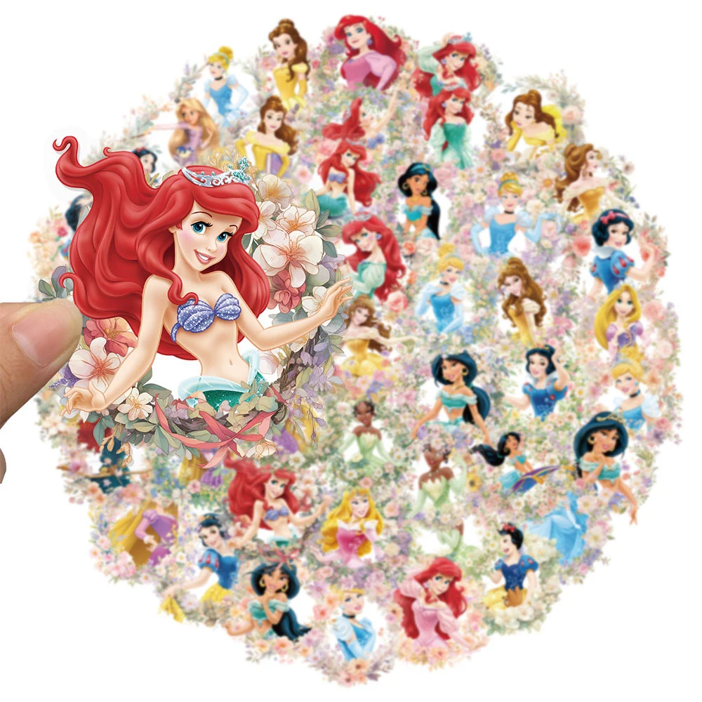 50 Stück Niedliche Disney-Prinzessinnen Blumen-Aufkleber, Kawaii Belle, Cinderella, Rapunzel, Cartoon-Aufkleber, Transparent, DIY Scrapbook Laptop