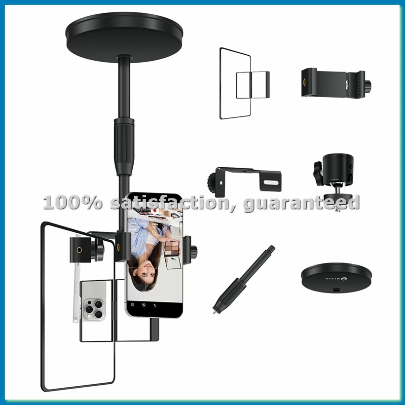 Adjustable Height Mobile Phone Holder Desktop Round Plate Live Streaming Stand with Mirror Rear View Camera Selfie Stand-ABLL