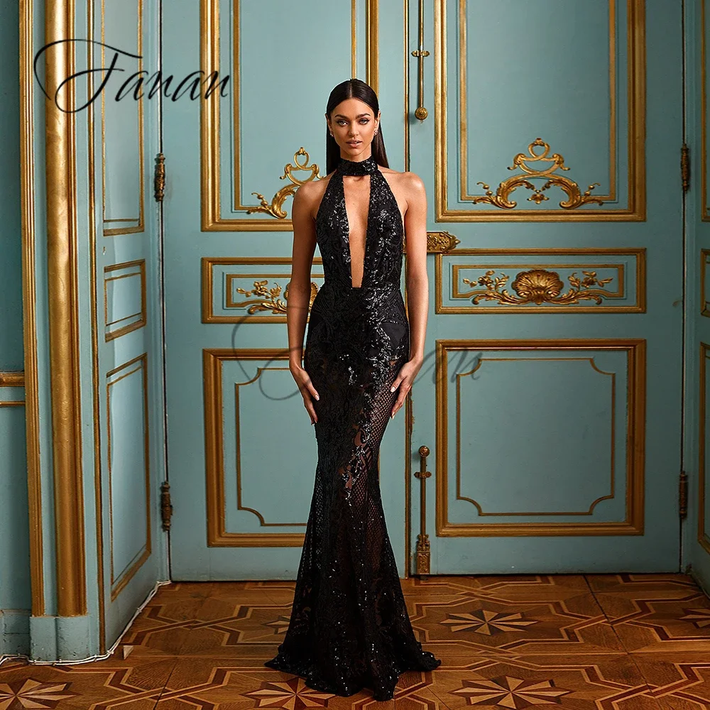 Customized Sexy Black Halter Neck Evening Dresses Backless Sequined Mermaid See-Through Clubbing Party Gown robe de soirée femme