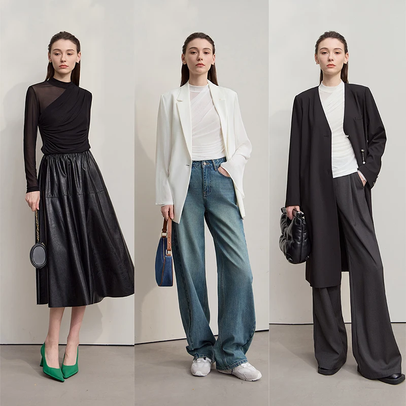 AMII تي شيرت حريمي 2025 خريف جديد س الرقبة سليم تنوعا سيدة محبوك القمم كم طويل مثير انظر من خلال شبكة تي شيرت 12543162