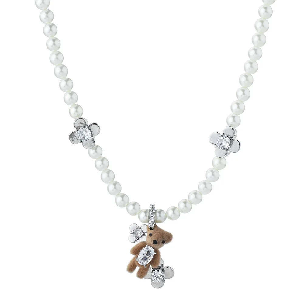 قلادة من اللؤلؤ على شكل دب مخملي حلو ورائع، سلسلة الترقوة المتخصصة للسيدات، إكسسوار للرقبة، سلسلة سترة