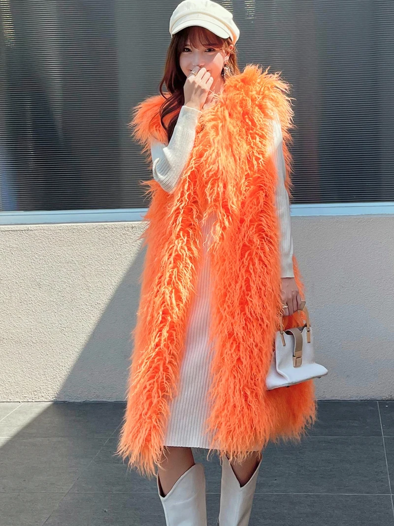 Autumn New Fashion Niche Female Faux Fur Waistcoat Extremely Long Shaggy Vest Women's Clothing Lady Shaggy Outerwears Promotion