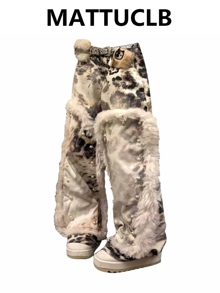 

Женские мешковатые джинсы Y2k, японские широкие джинсовые брюки с леопардовым принтом и жемчугом, Harajuku, ковбойские уличные американские ретро 2000-х годов