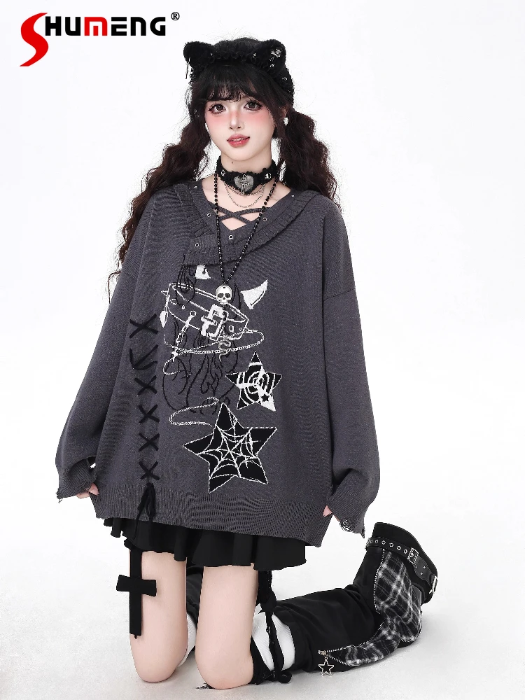 

Оригинальный японский готический субкультура с перекрестной шнуровкой, круглым вырезом и длинными рукавами, свободный милый крутой вязаный пуловер, женский осенний свитер