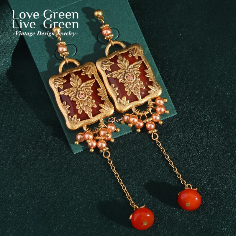 

Vintage Red Natural Stone Drop Long Hanging Earrings Gold Color Antique Pearl Luxury Jewelry Quality Designer Woman Accessories